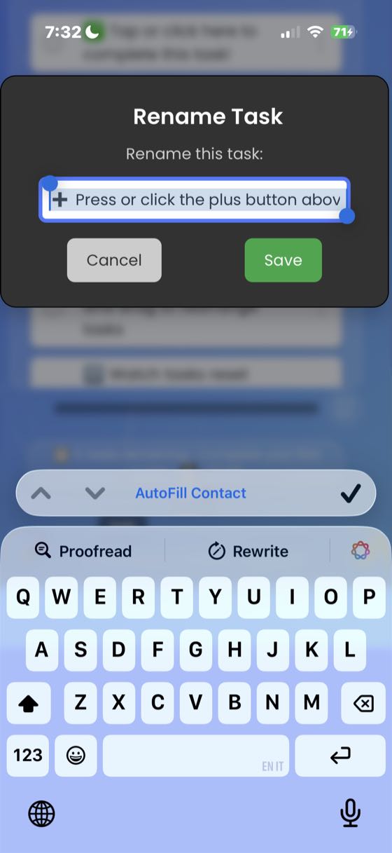 The Rename Task modal showing a text input field with the current task name, Cancel and Save buttons, and the iOS keyboard with AutoFill bar.