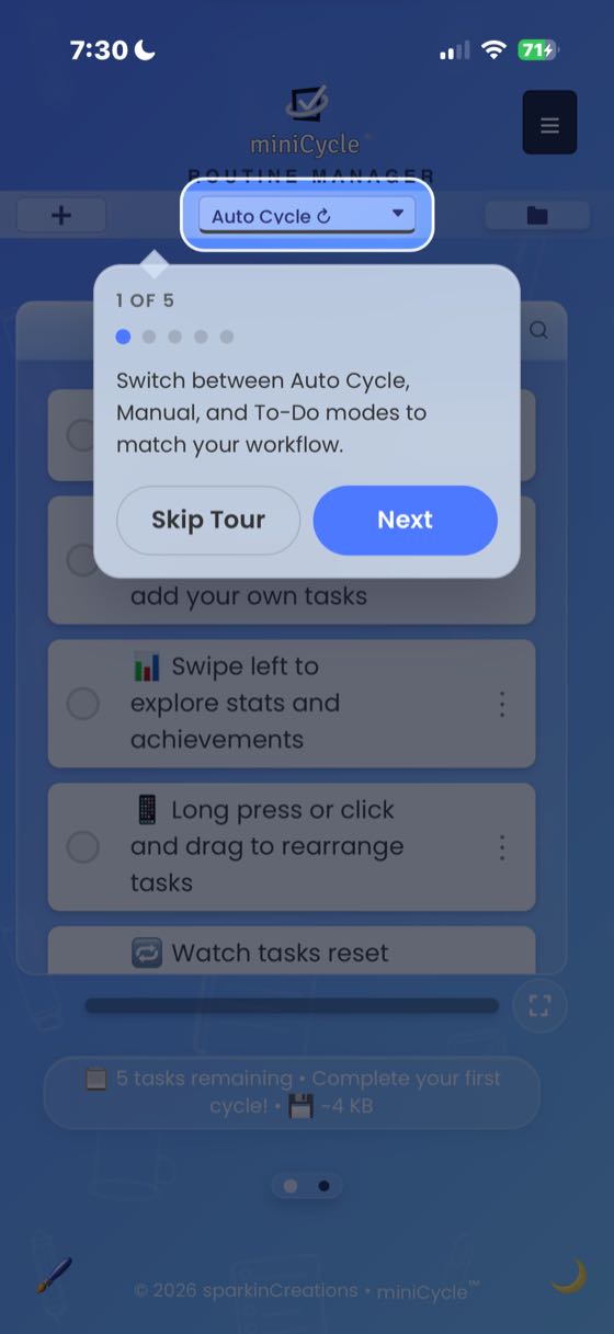 The guided tour highlighting the mode selector with a spotlight overlay and tooltip explaining Auto Cycle, Manual, and To-Do modes. Step 1 of 5 with Skip Tour and Next buttons.