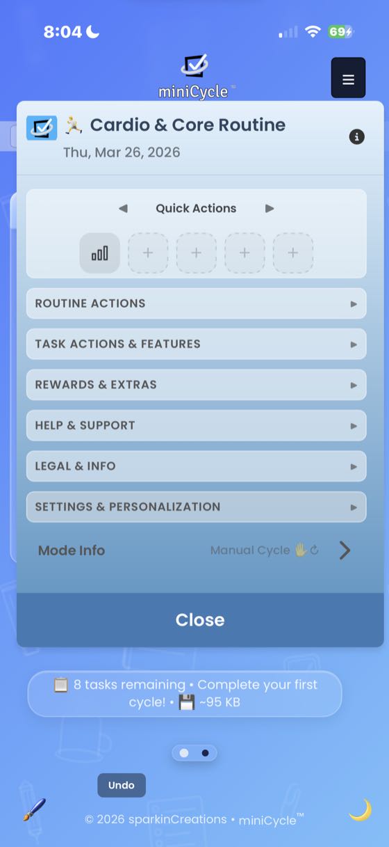 The hamburger menu showing Cardio and Core Routine header with Quick Actions bar, collapsible sections for Routine Actions, Task Actions and Features, Rewards and Extras, Help and Support, Legal and Info, and Settings and Personalization.