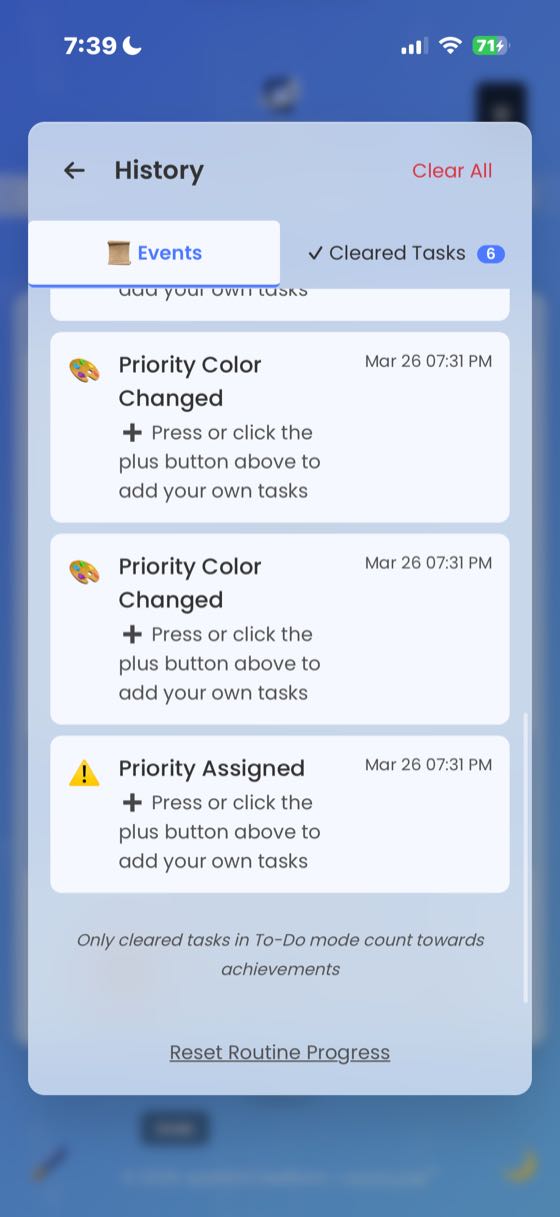The History panel Events tab showing recent events including Priority Color Changed and Priority Assigned entries with timestamps.