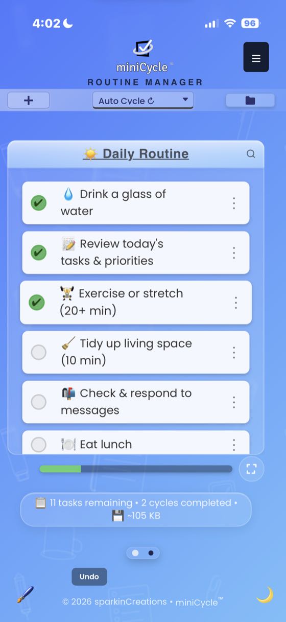 miniCycle main view showing a Daily Routine with real tasks like Make the bed, Brush teeth, and Drink water. Two tasks are completed with green checkmarks. Auto Cycle mode selector, progress bar, and status bar visible.
