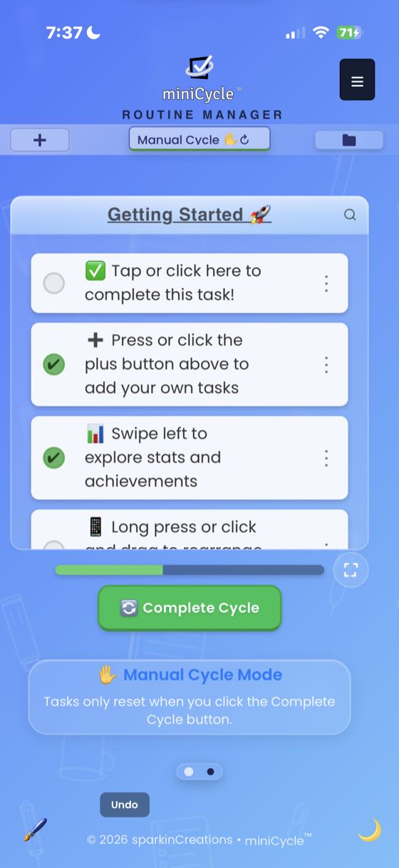 Manual Cycle mode showing the Getting Started routine with a green Complete Cycle button at the bottom. A blue banner explains that tasks reset only when you press the button.