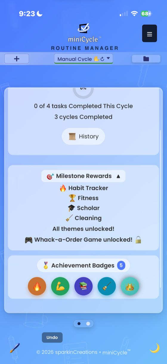 The Stats panel scrolled to Milestone Rewards section showing all unlocked themes: Habit Tracker, Fitness, Scholar, Cleaning, and Whack-a-Order Game. Achievement Badges row visible below.