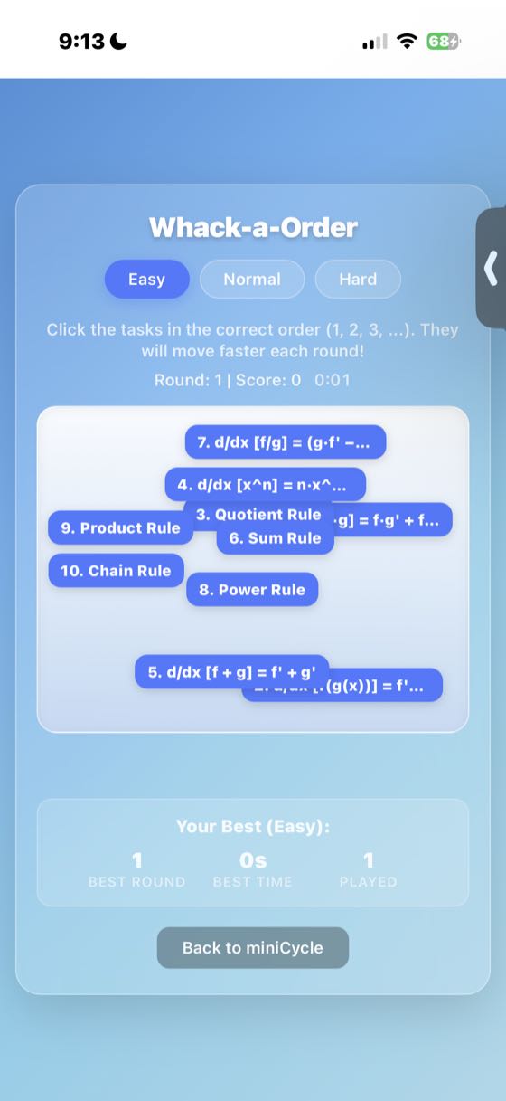 The Whack-a-Order mini-game on Easy difficulty showing numbered task bubbles bouncing around that need to be clicked in order. Score display and best times shown at the bottom.