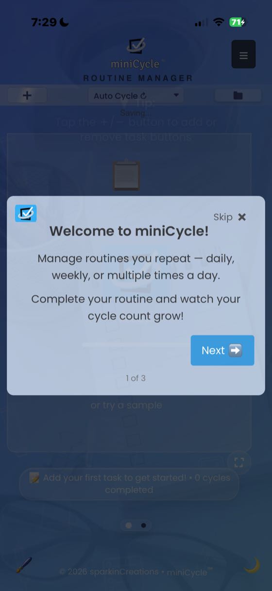 miniCycle welcome screen showing the onboarding modal step 1 of 3 with Welcome to miniCycle heading, wave emoji, the miniCycle logo, and Next and Skip buttons.