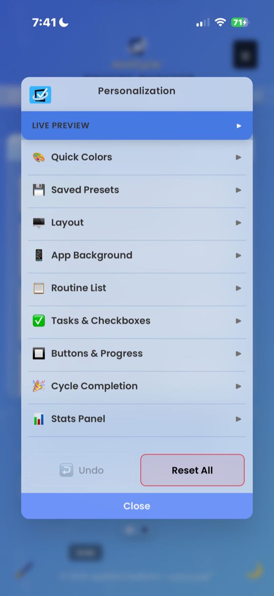 The Personalization panel showing all sections collapsed: Quick Colors, Saved Presets, Layout, App Background, Routine List, Tasks and Checkboxes, Buttons and Progress, Cycle Completion, Stats Panel. Undo and Reset All buttons at the bottom.