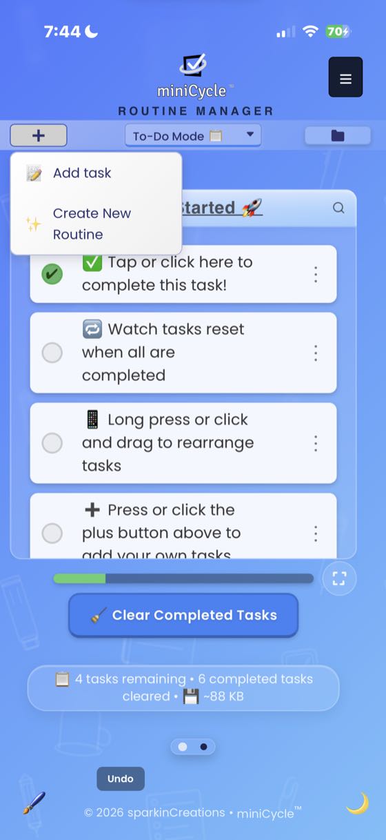 The + button menu expanded on the Getting Started routine in To-Do Mode, showing two options: Add task and Create New Routine. Clear Completed Tasks button visible at the bottom.