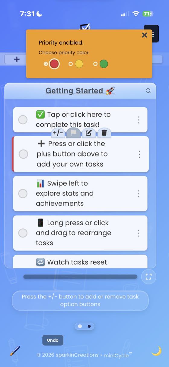 Priority color picker notification showing Priority enabled Choose priority color with color dot options. Task option buttons visible on the first task with Undo button at the bottom.