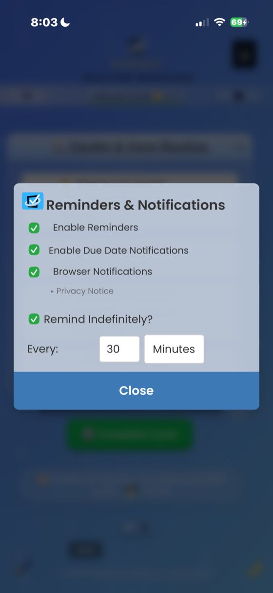 The Reminders and Notifications modal with all three options checked: Enable Reminders, Enable Due Date Notifications, and Browser Notifications. Remind Indefinitely option checked.