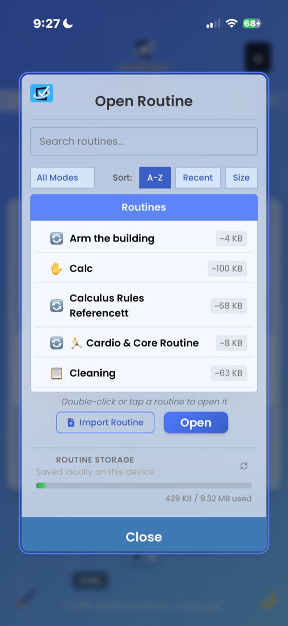 The Open Routine modal showing five routines sorted A-Z with storage sizes. Import Routine and Open buttons at the bottom, with Routine Storage showing 429 KB of 9.32 MB used.