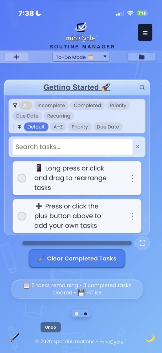 The search and filter interface fully expanded showing filter chips for All, Incomplete, Completed, Priority, Due Date, and Recurring, plus sort options for Default, A-Z, Priority, and Due Date.