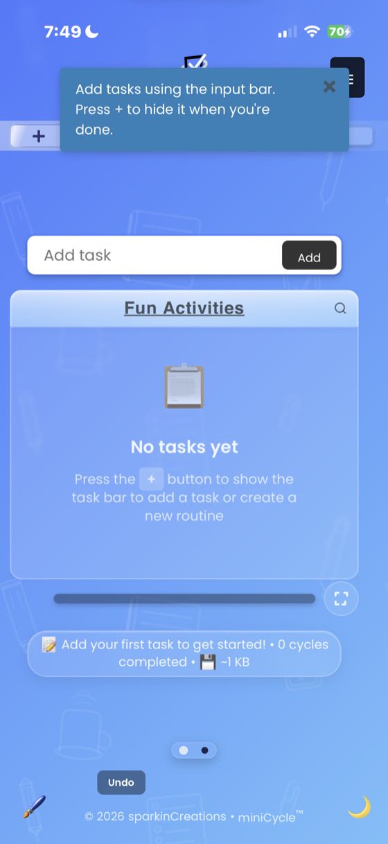 The task input bar shown at the top of the Fun Activities routine with an Add tasks using the input bar tooltip. Auto Cycle mode active with empty task list below.