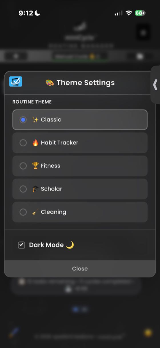 The Theme Settings modal showing 5 vocabulary theme options: Classic selected, Habit Tracker, Fitness, Scholar, and Cleaning. Dark Mode checkbox visible at the bottom.