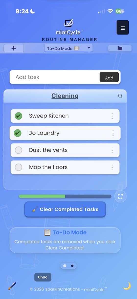 To-Do Mode showing the Cleaning routine with 2 tasks checked and a green Clear Completed Tasks button. The help window explains that completed tasks are removed when you tap Clear.